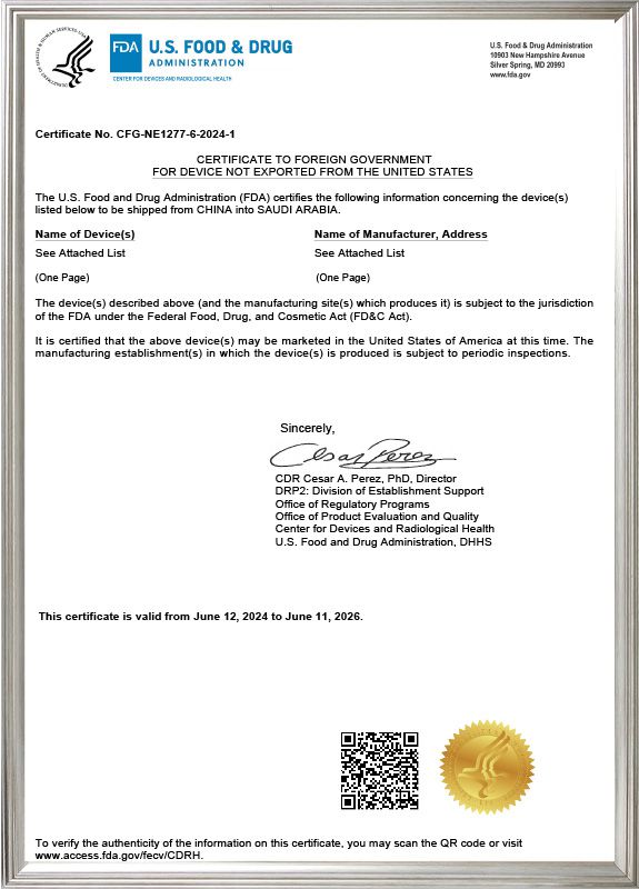 Hydrophilic Guidewire, Zebra Guidewire FDA Free Sale Certificate_CFG Certificate