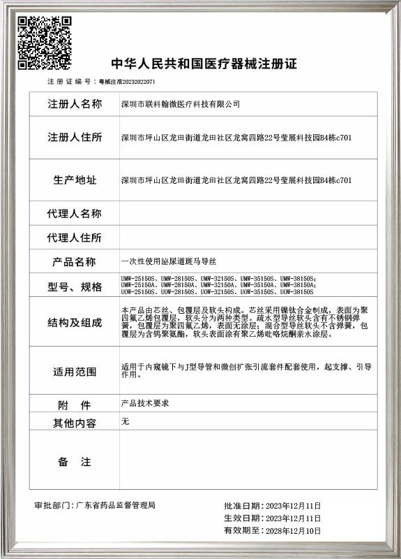 Disposable Urinary Tract Zebra Guidewire_Registration Certificate